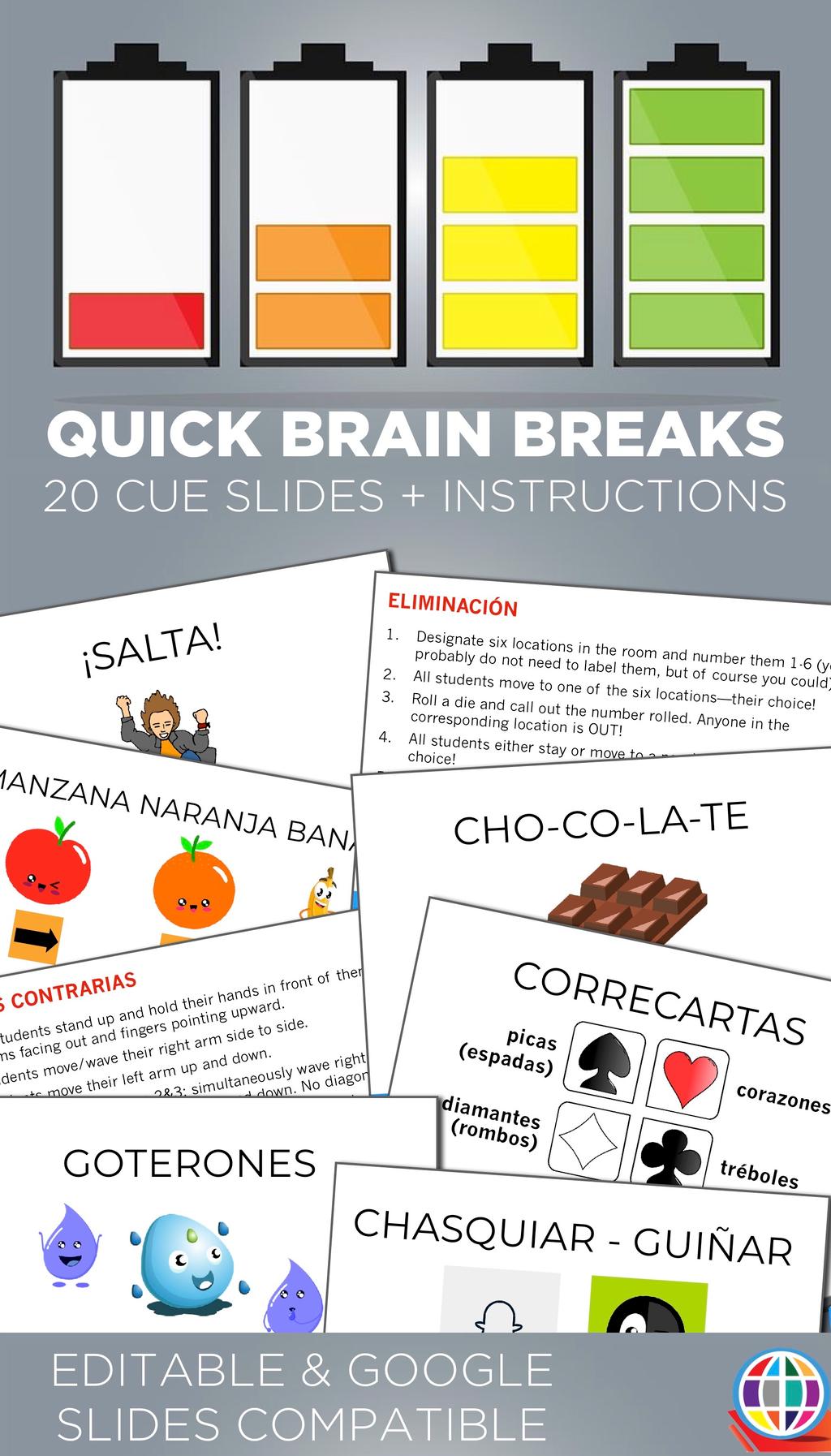 Quick brain breaks - cue slides that you can add to any slideshow that you use in class plus instructions for super simple brain breaks in Spanish class!