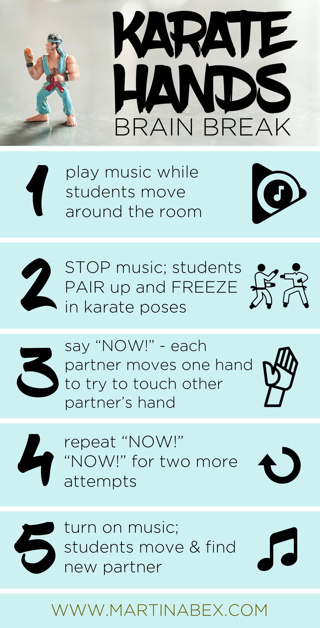 Karate hands is a fast brain break you can do with your students that will get them to cross their mid line and interact with clssmates