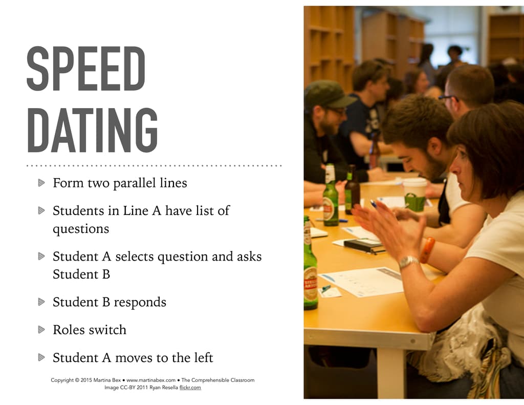 Speed dating is an easy interpersonal speaking activity for language classes